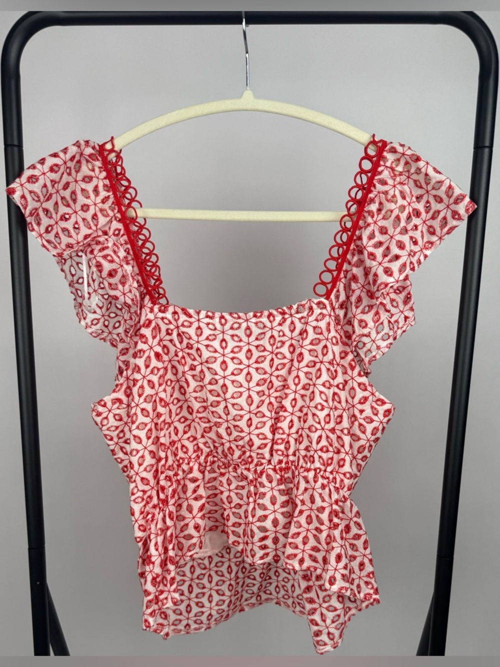 Sugarlips Red White Eyelet Embroidered Peplum Top Ruffle Sleeve Size L - Picture 3 of 6